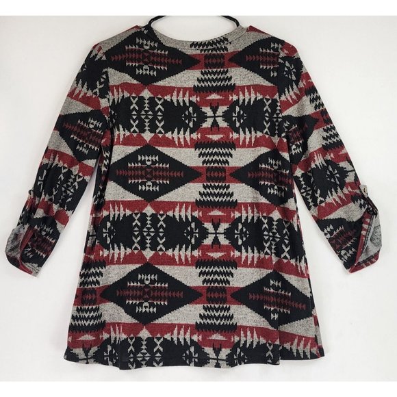 Pink Owl Sweater Womens Large Red Black GrayAztec Print Holiday Momcore Roll Tab - Picture 2 of 11
